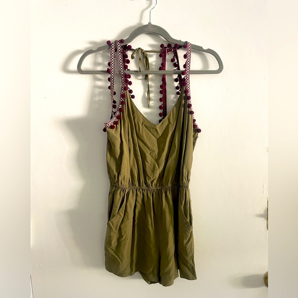 Olive Green Romper with Pom Pom Straps